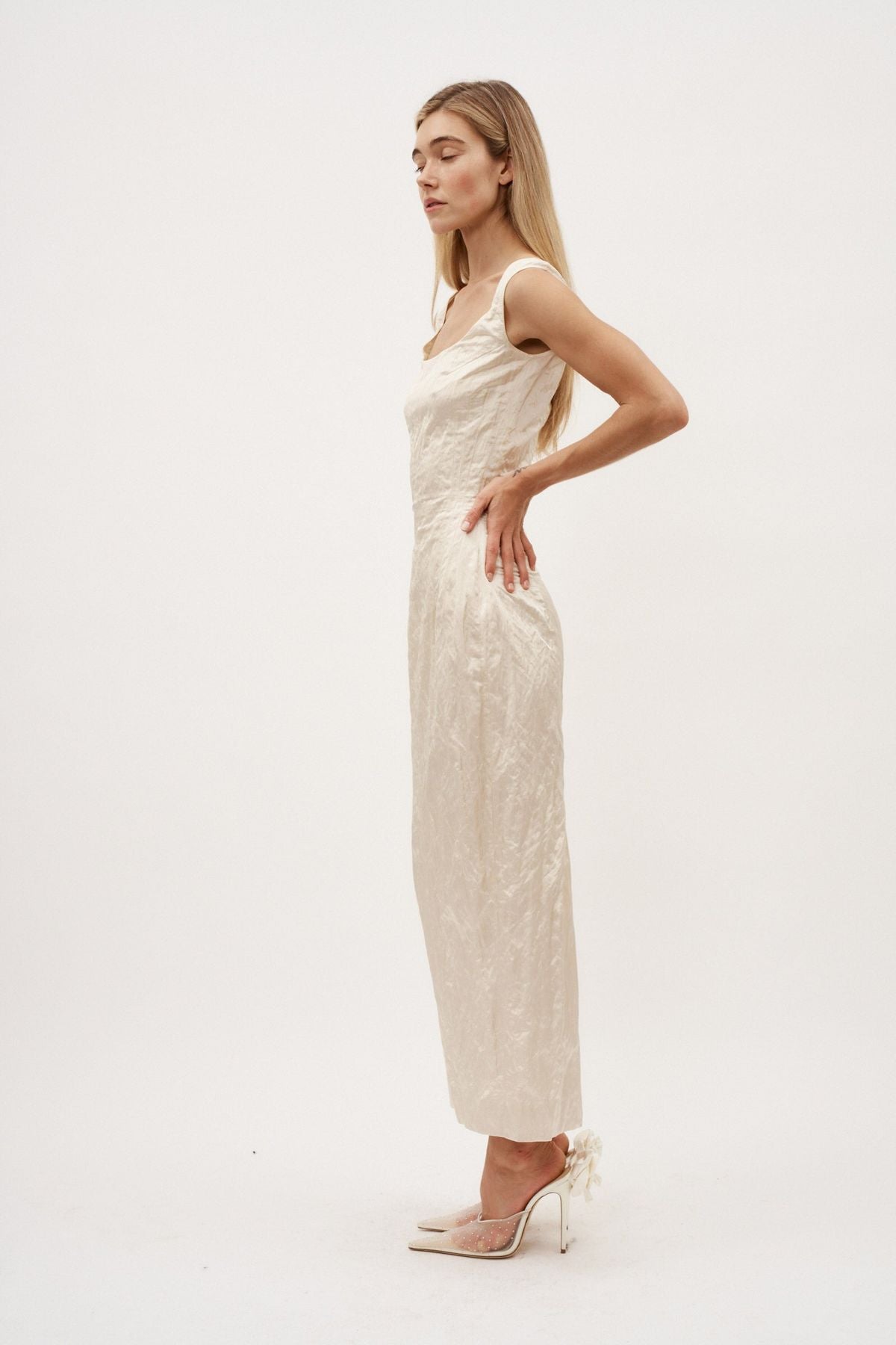 MAGDA BUTRYM Roundneck Crinkle Cream Midi Dress (SS 25 RTW: Gossamer)