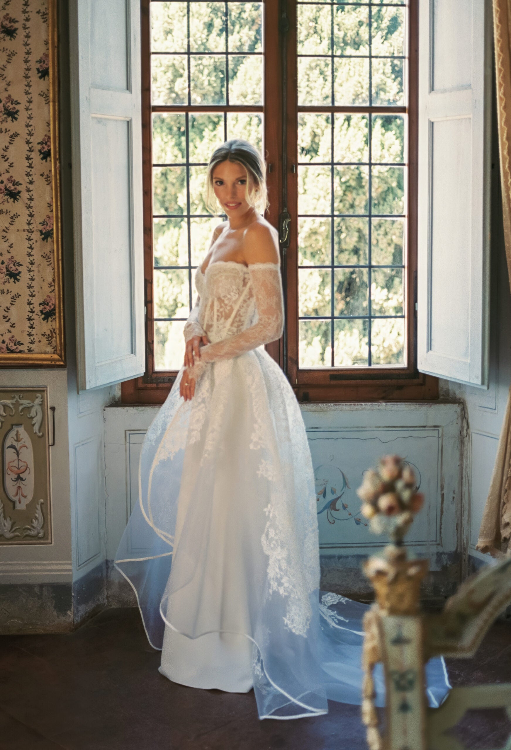 Custom Gemy Maalouf Bridal Gown with overskirt and sleeves