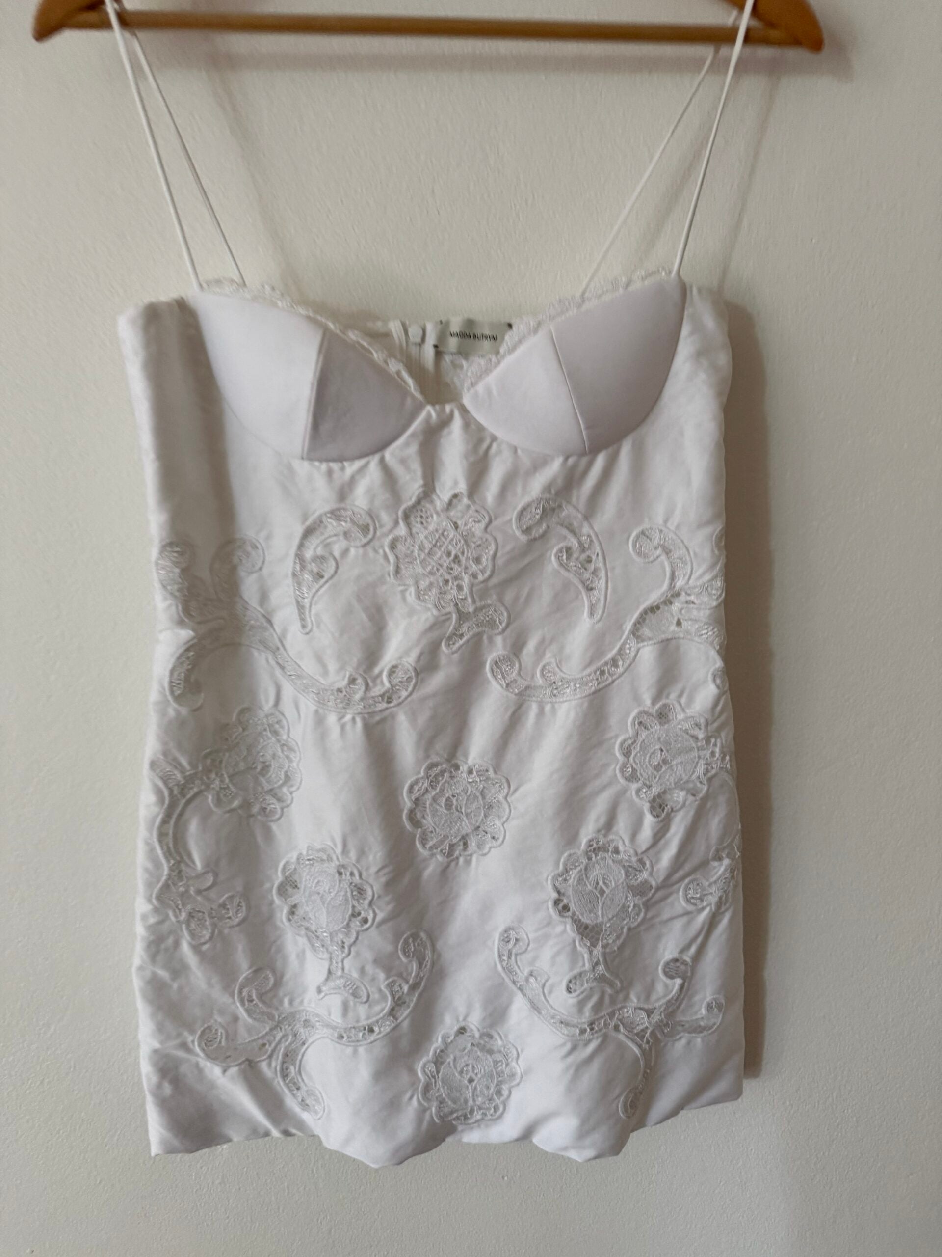 Lace poplin bustier mini dress in white