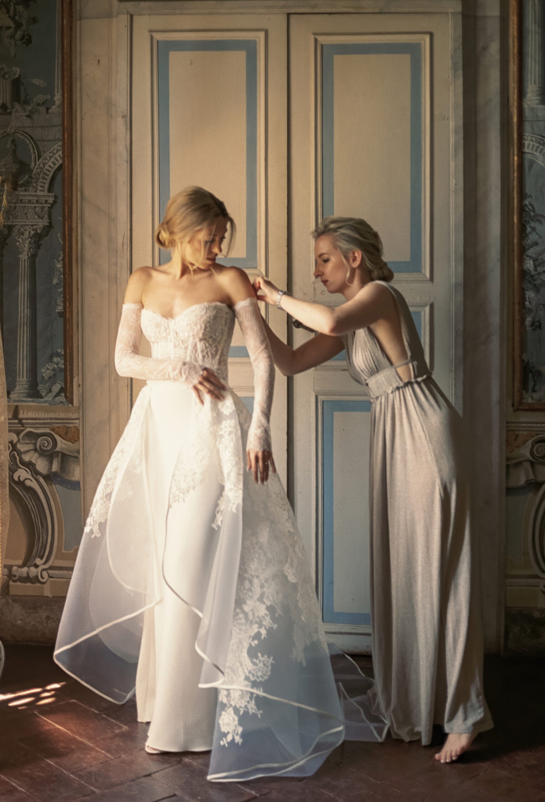 Custom Gemy Maalouf Bridal Gown with overskirt and sleeves