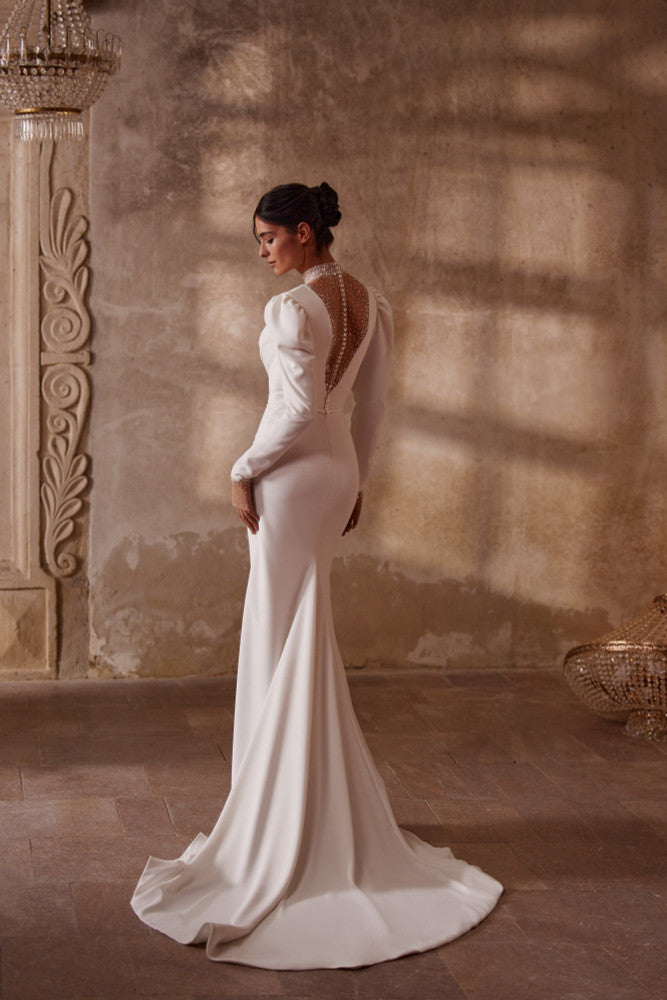 Luce Sposa Anika V-Neck Crepe Long Sleeve Wedding Dress