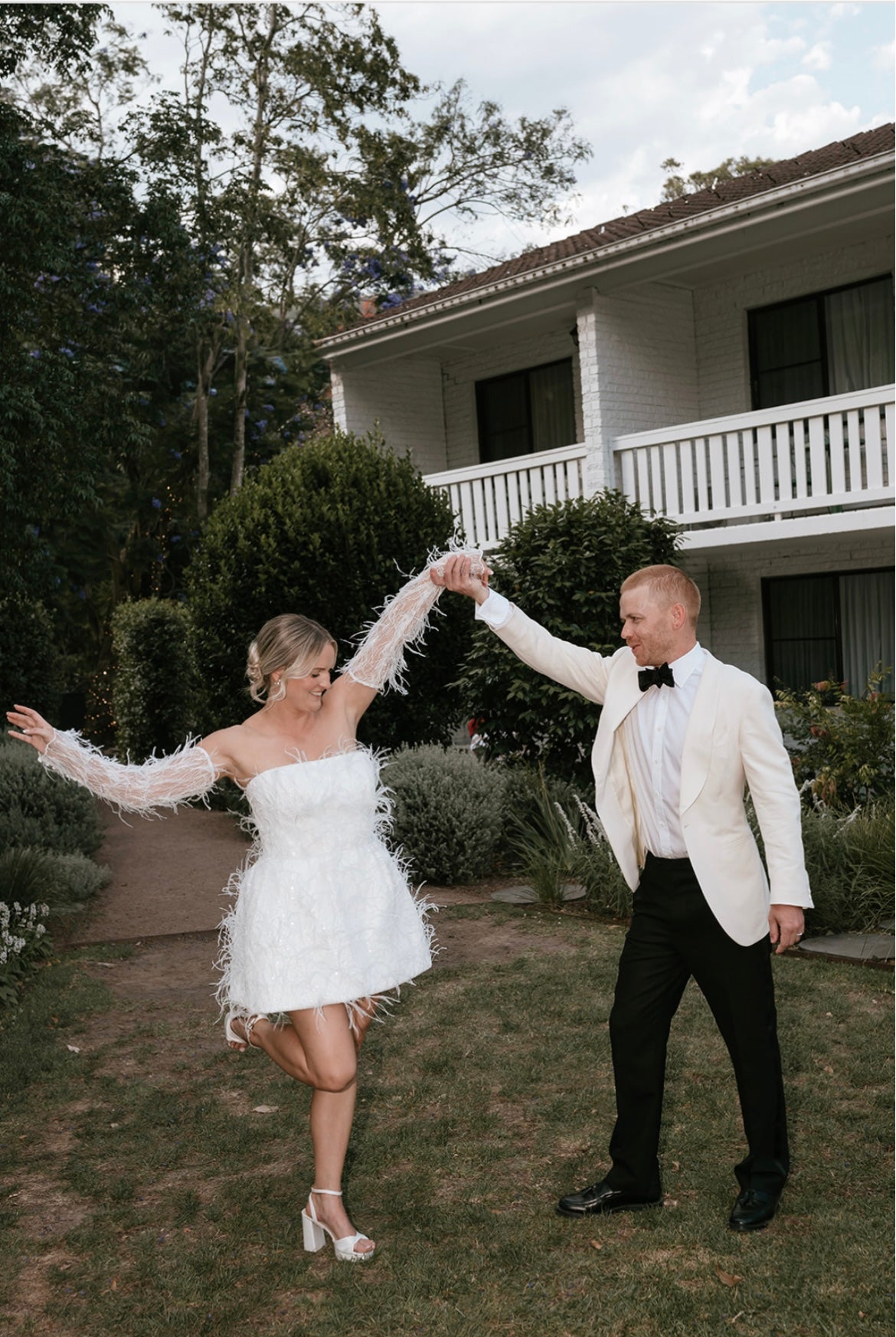 Custom Marilyn Crystelle Feather, Pearl & Sequin Wedding Dress + Matching Reception Dress.