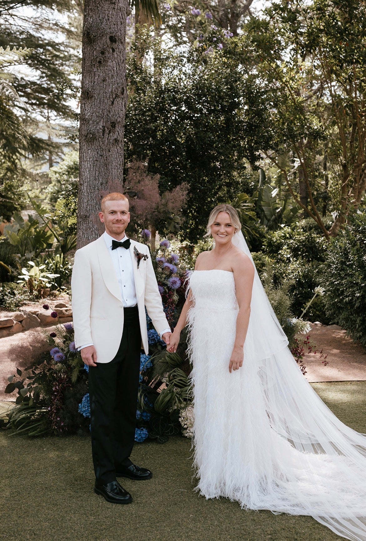 Custom Marilyn Crystelle Feather, Pearl & Sequin Wedding Dress + Matching Reception Dress.