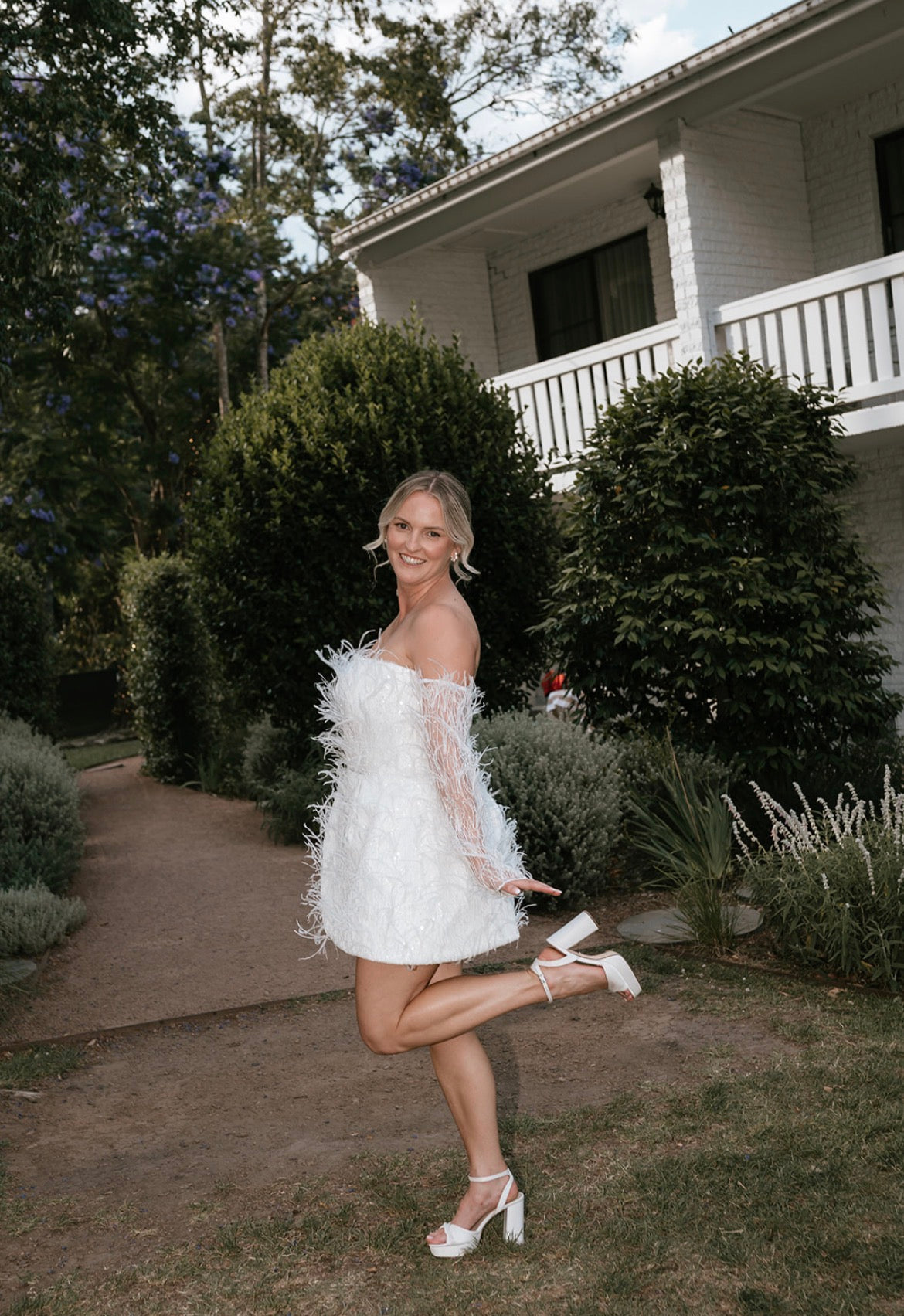 Custom Marilyn Crystelle Feather, Pearl & Sequin Wedding Dress + Matching Reception Dress.