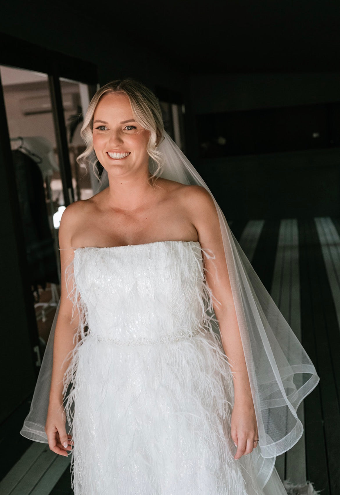 Custom Marilyn Crystelle Feather, Pearl & Sequin Wedding Dress + Matching Reception Dress.