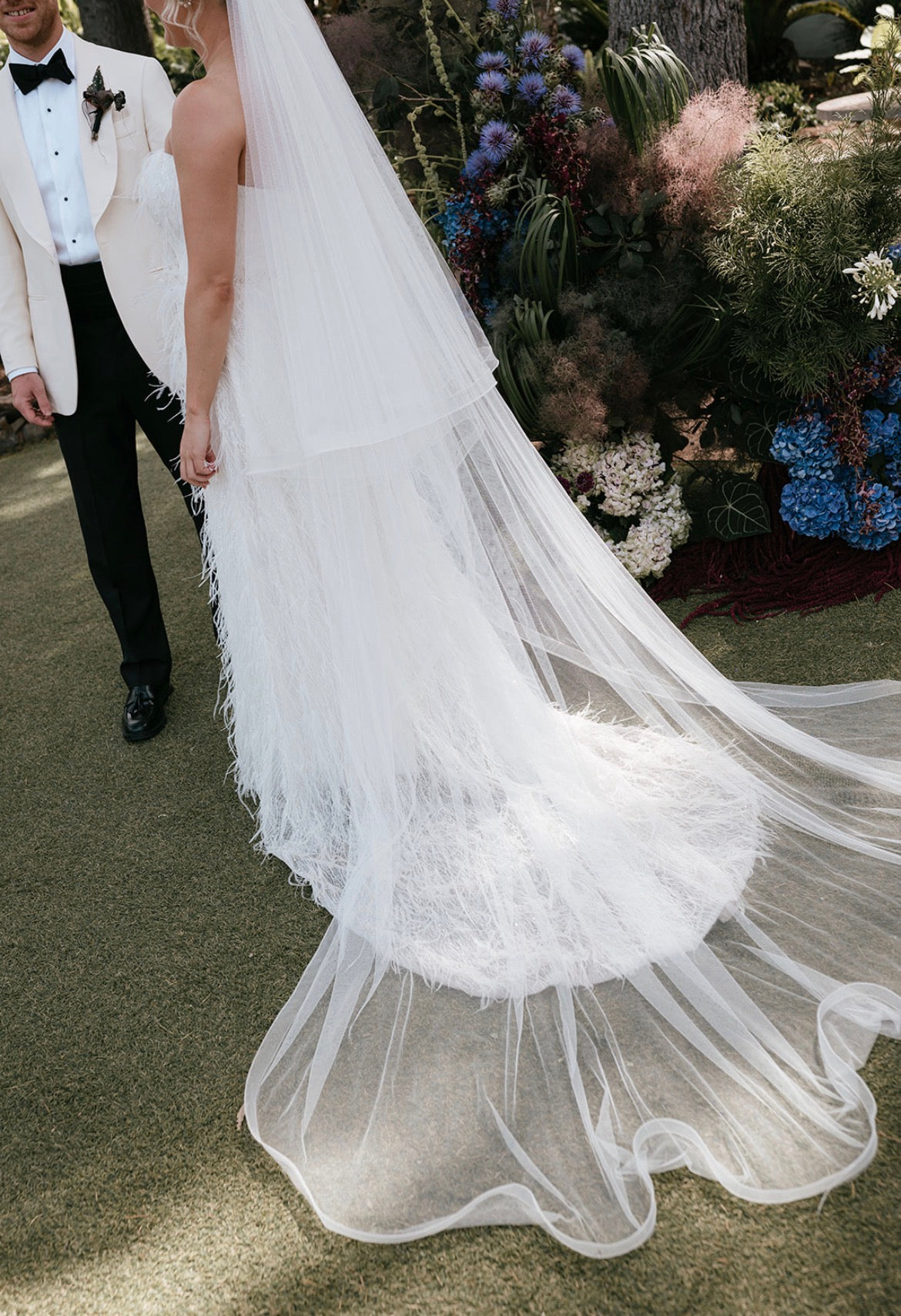 Custom Marilyn Crystelle Feather, Pearl & Sequin Wedding Dress + Matching Reception Dress.