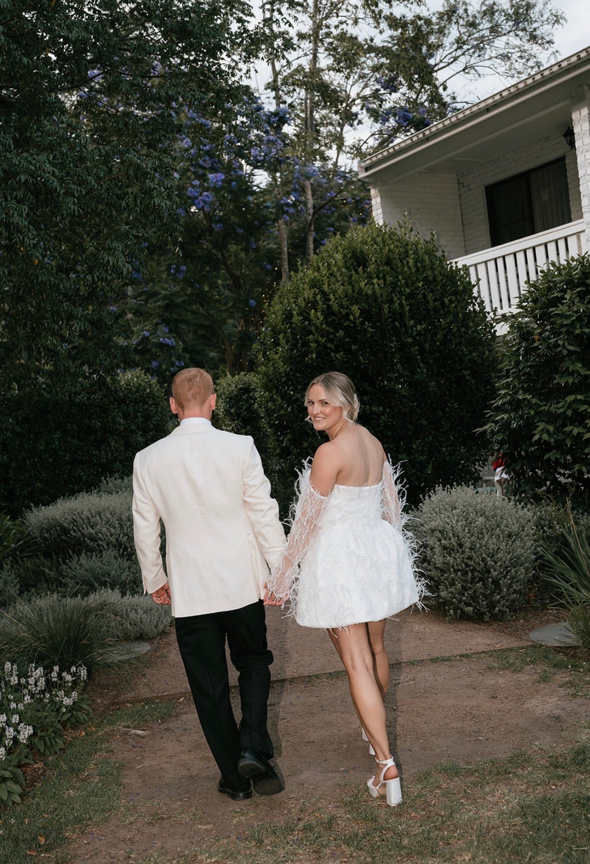 Custom Marilyn Crystelle Feather, Pearl & Sequin Wedding Dress + Matching Reception Dress.