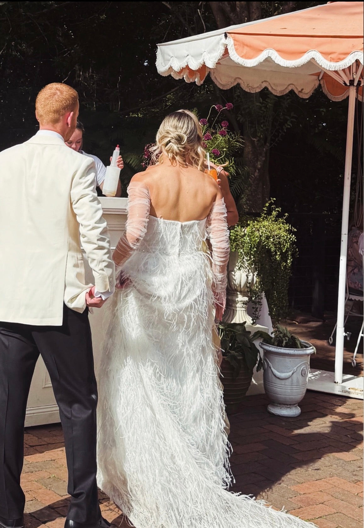Custom Marilyn Crystelle Feather, Pearl & Sequin Wedding Dress + Matching Reception Dress.