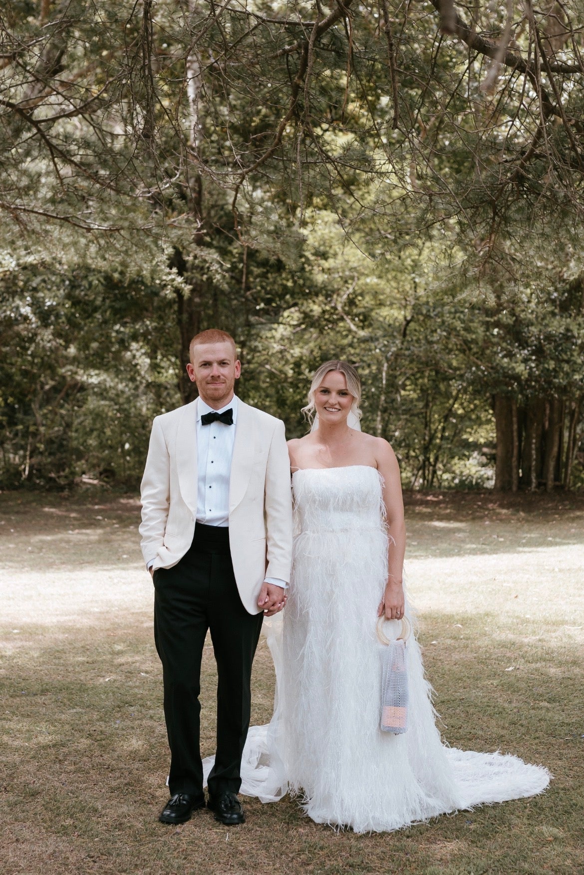 Custom Marilyn Crystelle Feather, Pearl & Sequin Wedding Dress + Matching Reception Dress.