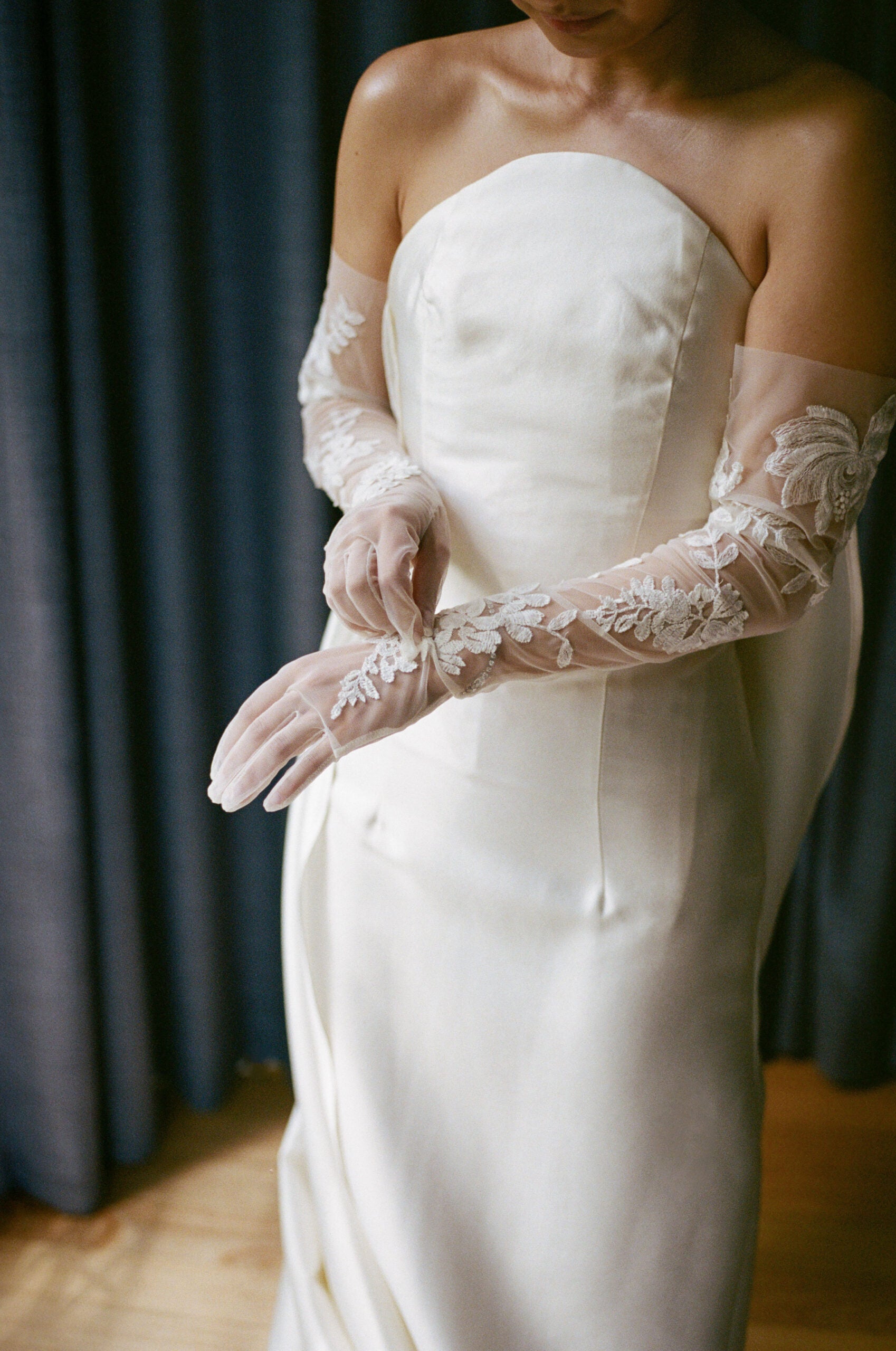Minimalist 100% silk strapless structural dress with cape for modern bride by Blanc Wear Bridal