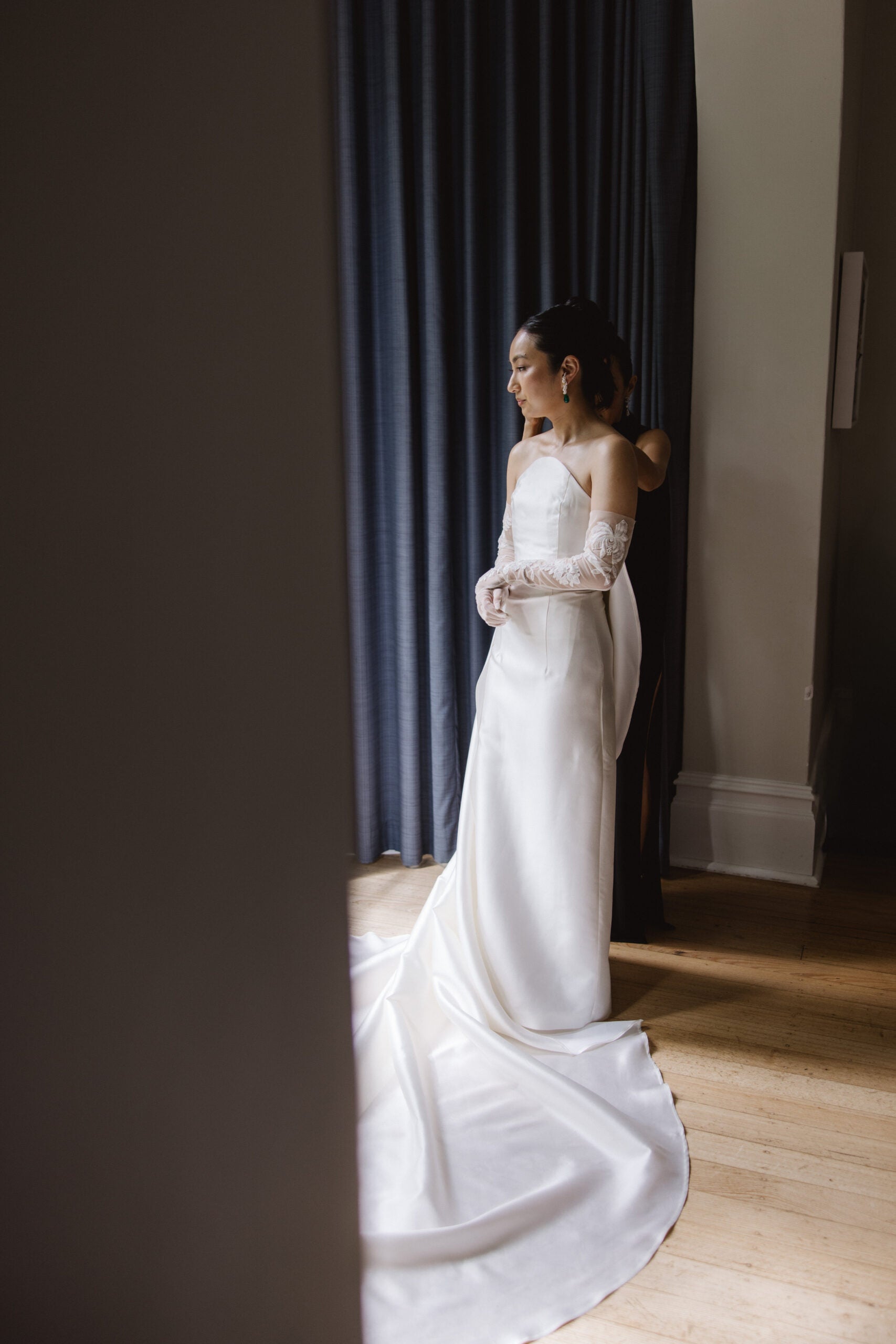 Minimalist 100% silk strapless structural dress with cape for modern bride by Blanc Wear Bridal