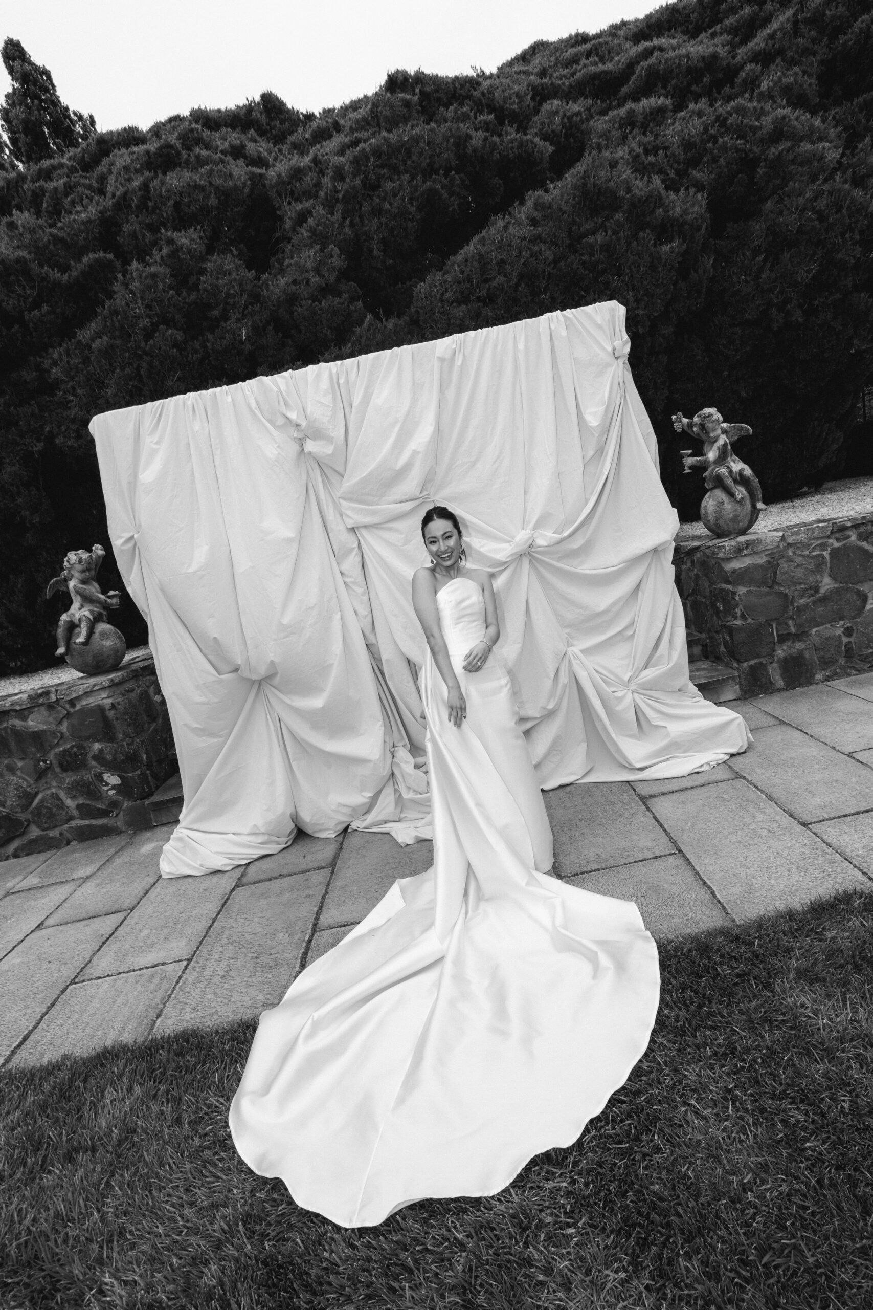 Minimalist 100% silk strapless structural dress with cape for modern bride by Blanc Wear Bridal