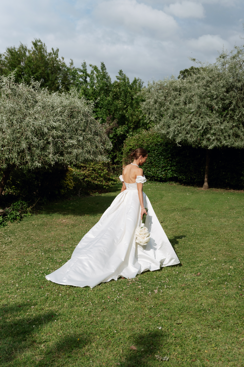“Danielle” by Savannah Miller – Elegant Off-Shoulder Satin A-Line Gown