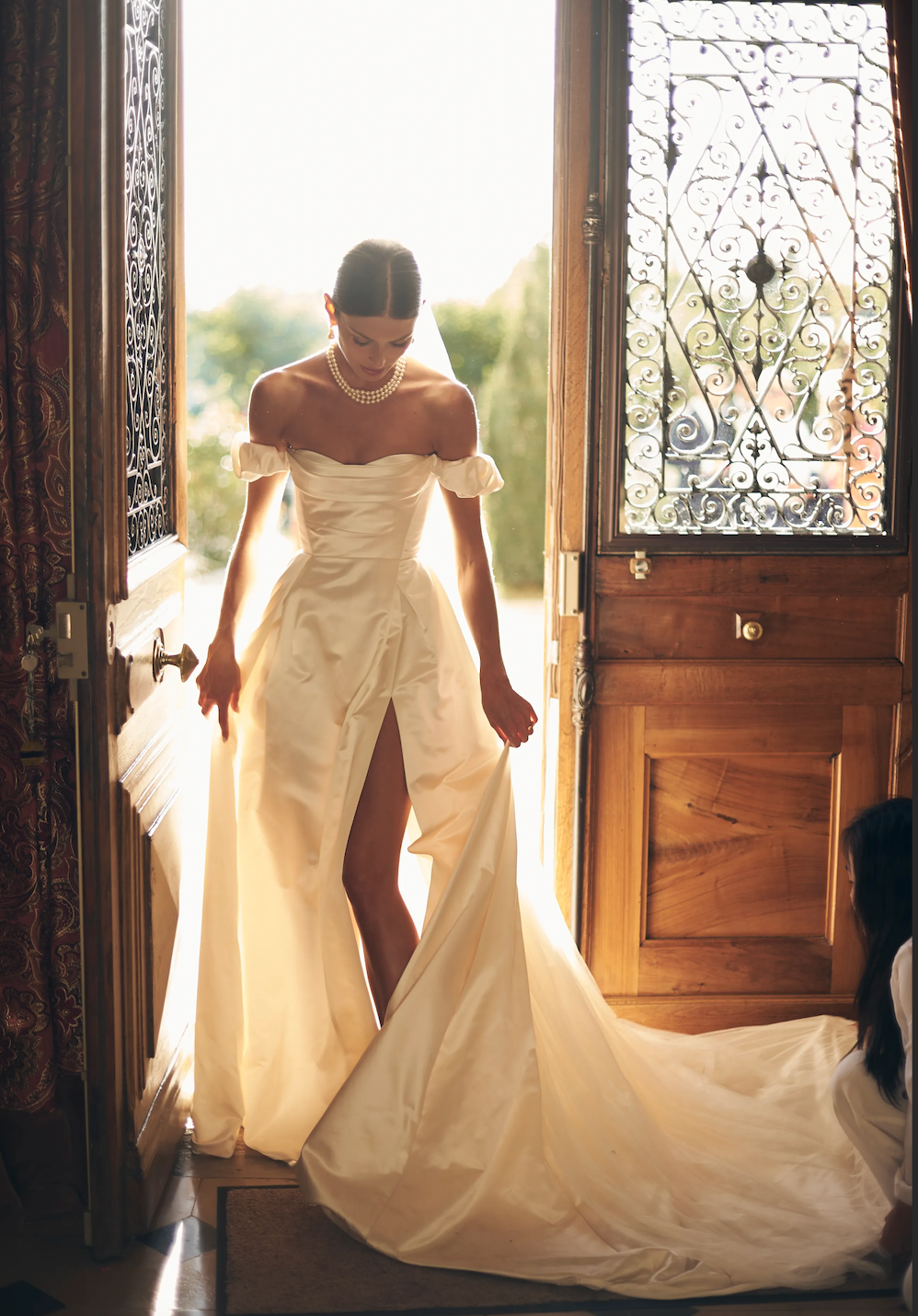 “Danielle” by Savannah Miller – Elegant Off-Shoulder Satin A-Line Gown