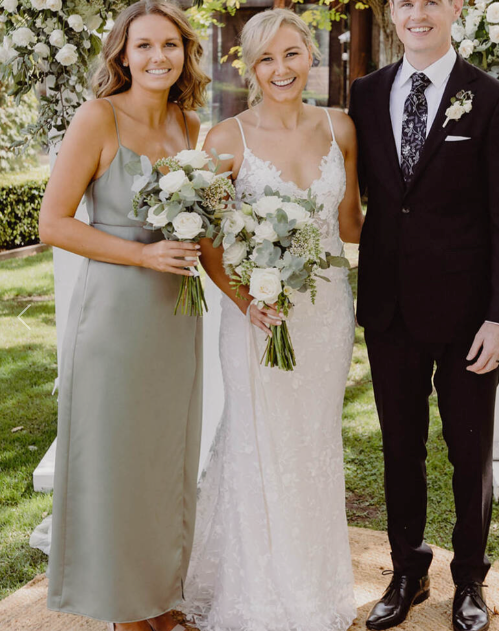 BHLDN Remy Satin Gown in Sage / Moss