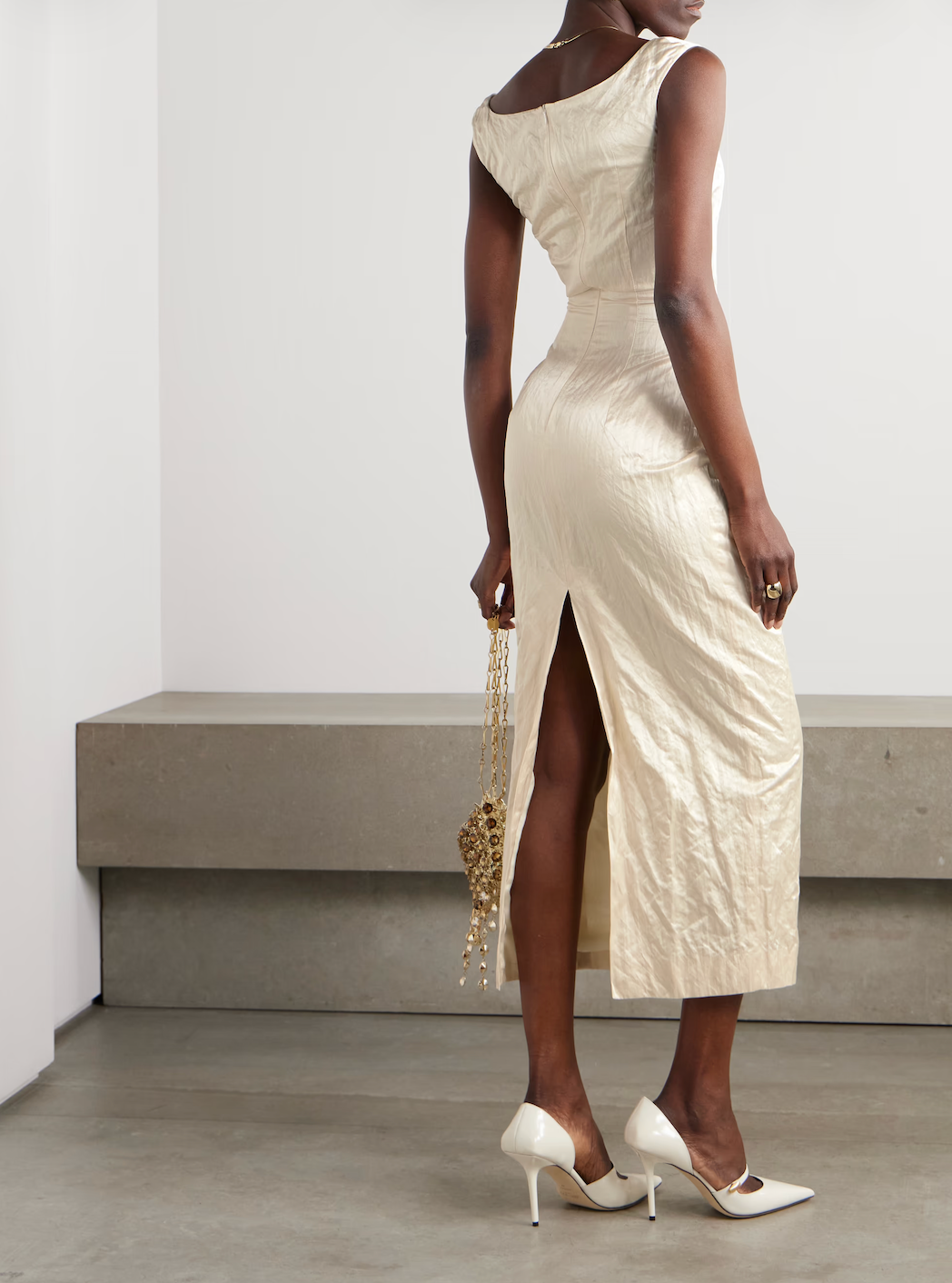 MAGDA BUTRYM Roundneck Crinkle Cream Midi Dress (SS 25 RTW: Gossamer)