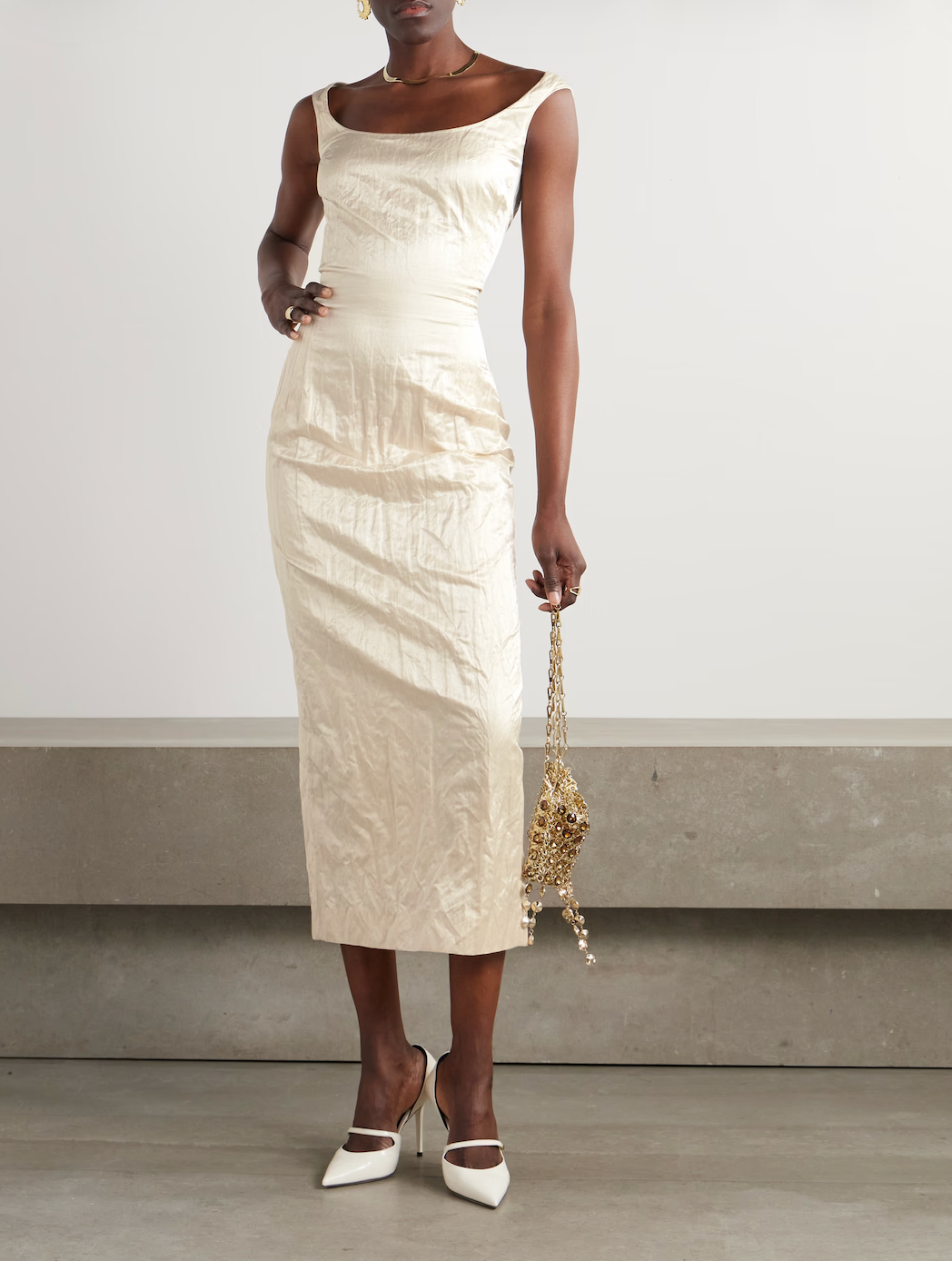 MAGDA BUTRYM Roundneck Crinkle Cream Midi Dress (SS 25 RTW: Gossamer)