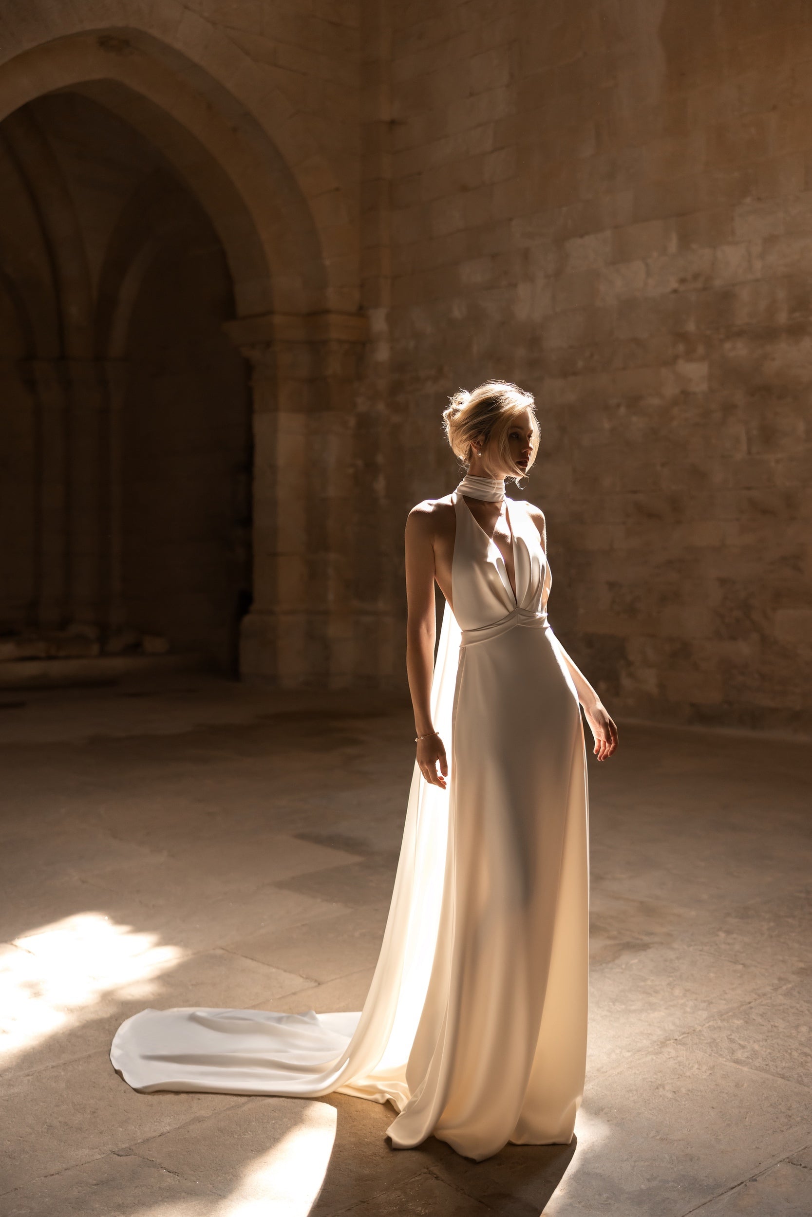 Eva Lendel Rouge Backless Halter Cape Wedding Dress
